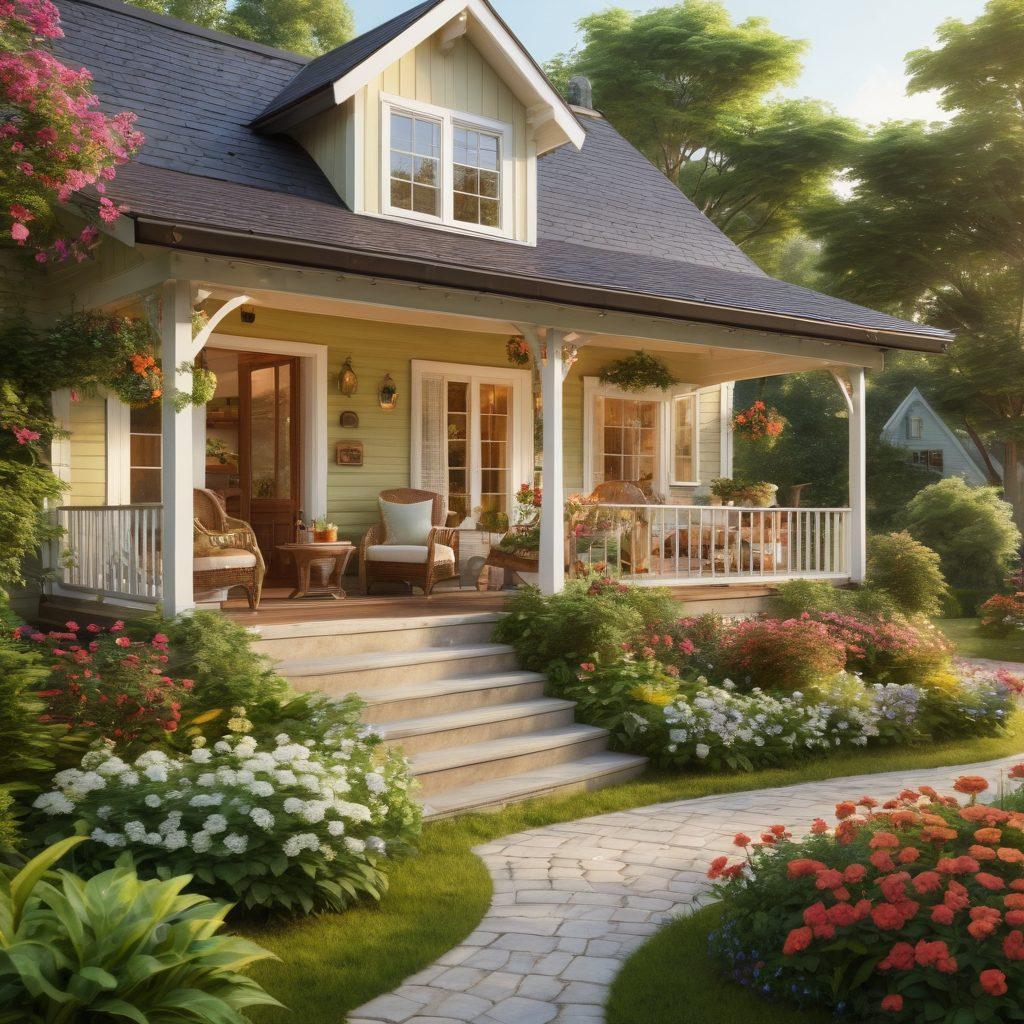 A warm and inviting guesthouse surrounded by lush greenery, showcasing a cozy porch with comfortable seating, ideal for family relaxation. Children playing in the garden while parents sip tea, with soft sunlight illuminating the serene atmosphere. Vibrant flowers and welcoming decorations enhance the homey feel. super-realistic. vibrant colors. warm tones.