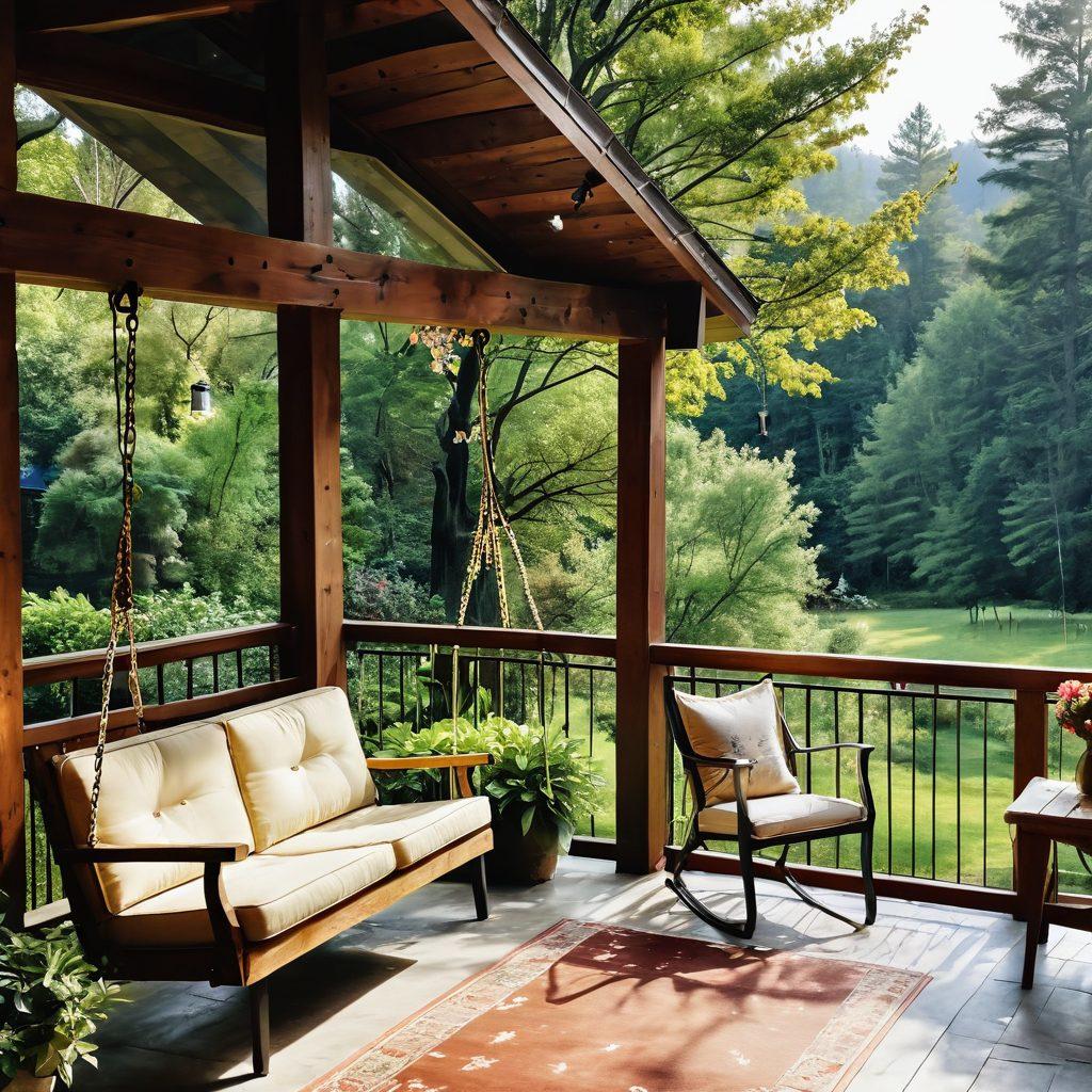 A cozy vintage lodge nestled in the lush green mountains, with warm wooden beams and inviting porch swings. Soft sunlight filters through the trees, illuminating a small outdoor patio set with cheerful floral decorations. Guests are laughing and enjoying each other’s company, surrounded by nature's beauty. The scene captures the essence of joy and relaxation, perfect for a getaway. super-realistic. warm colors. tranquil atmosphere.