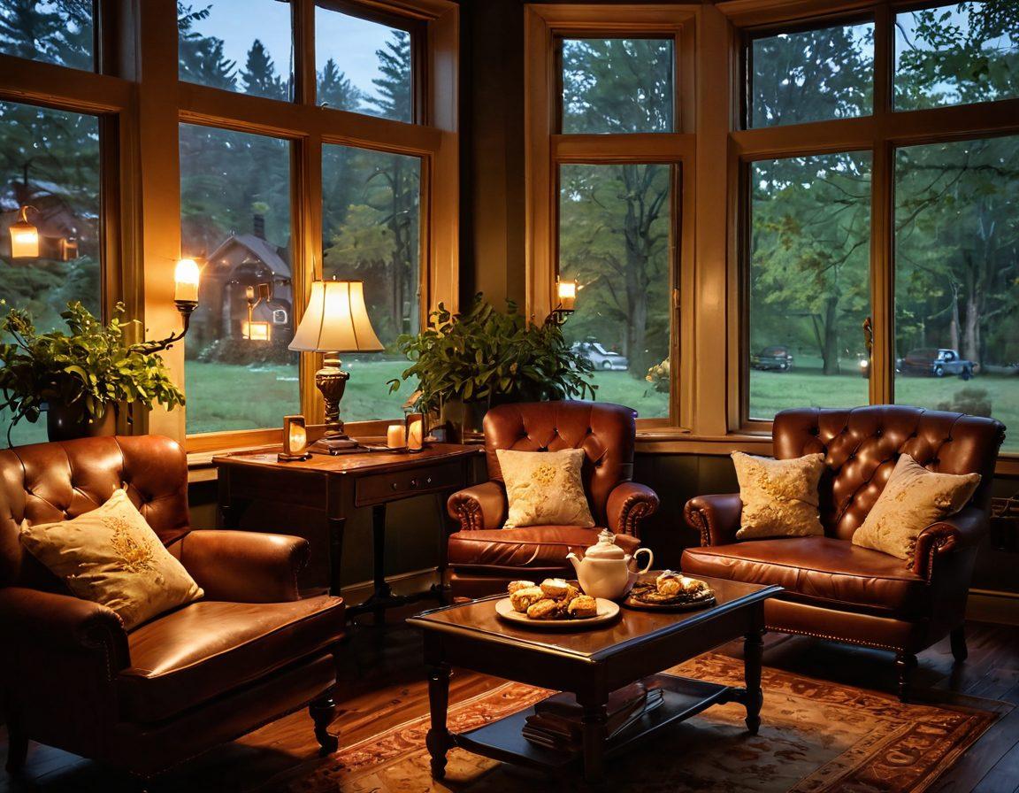 A cozy inn interior with warm wood accents, inviting armchairs, and a crackling fireplace. Soft, golden light spills from vintage lamps, illuminating a table set with a steaming cup of tea and a plate of freshly baked cookies. Rain gently falls outside a large window, creating a comforting ambiance. Lush greenery can be seen through the glass, adding a touch of nature. The scene evokes feelings of warmth, relaxation, and homeliness. super-realistic. warm colors. soft lighting.